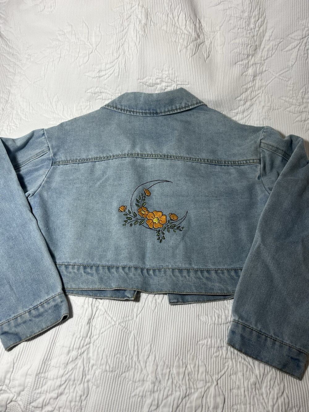 Custom Embroidered Upcycle Girls Denim Crop Jacket SHEIN 10-12 Boho Floral Moon